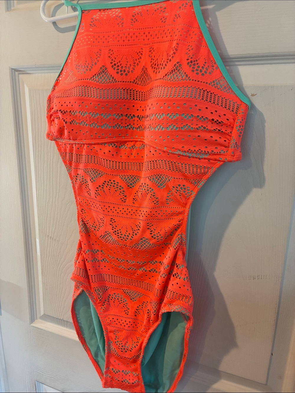No Boundaries Size 11/13 Neon Coral Crochet One-Piece Swimsuit with Mint Trim - Picture 2 of 15